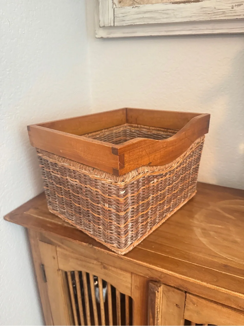 Rustic Woven Basket with Wooden Frame 11"x9"x7.5" Vintage Charm for Home - Picture 6 of 14